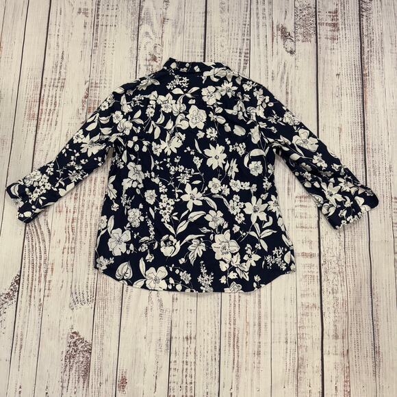 Lauren Ralph Lauren 1X Navy White Floral Button Front Stretch Cotton Shirt - Picture 2 of 9